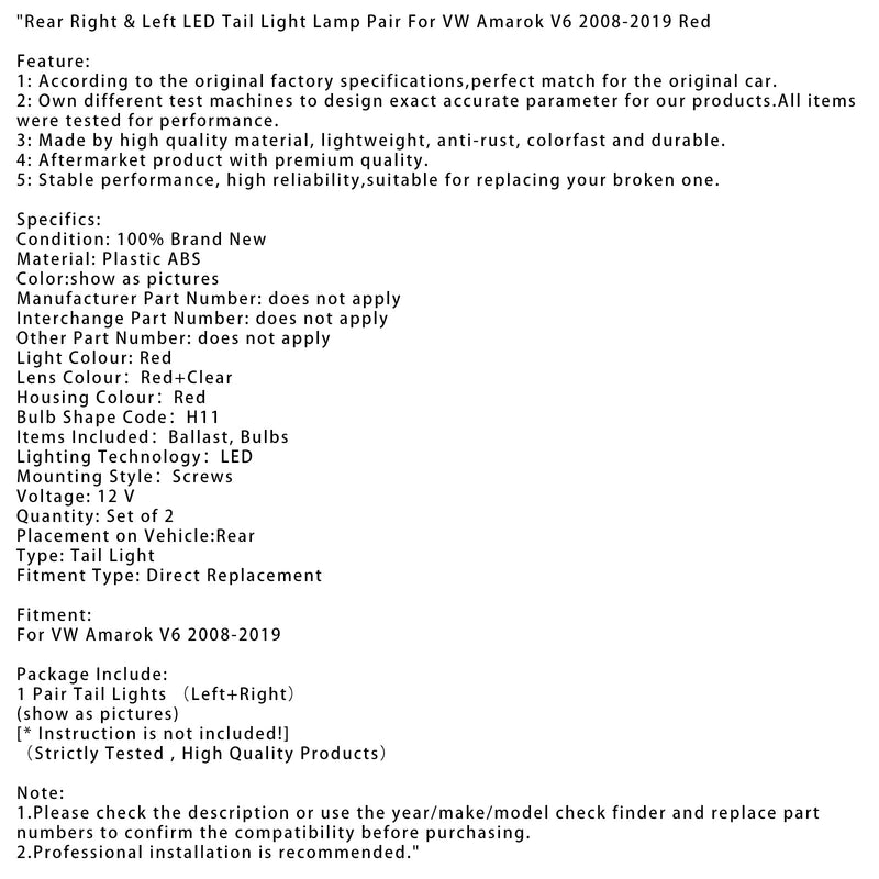 2008-2019 VW Amarok V6 LED-bakljus på baksidan och vänster, par av rött