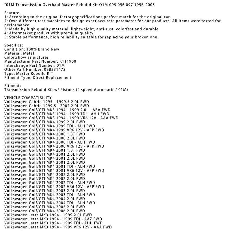 2000 Volkswagen Ny Beetle TDI-Alh FWD 01M Gear Master Master Repair Sentence