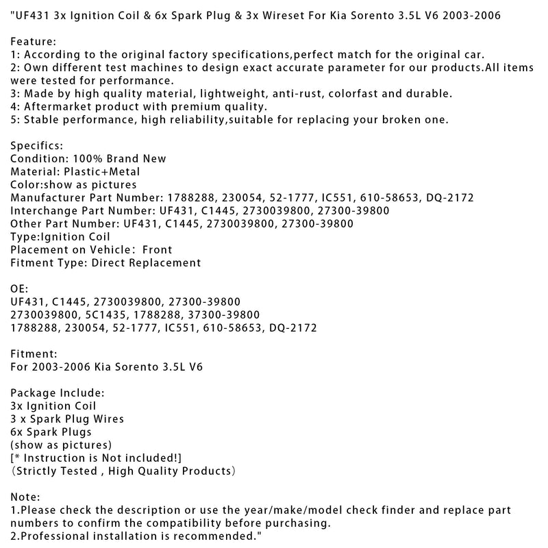 2003–2006 Kia Sorento 3,5 l V6, 3 x Zündspule &amp; 6 x Zündkerze &amp; 3 x Kabelsatz UF431