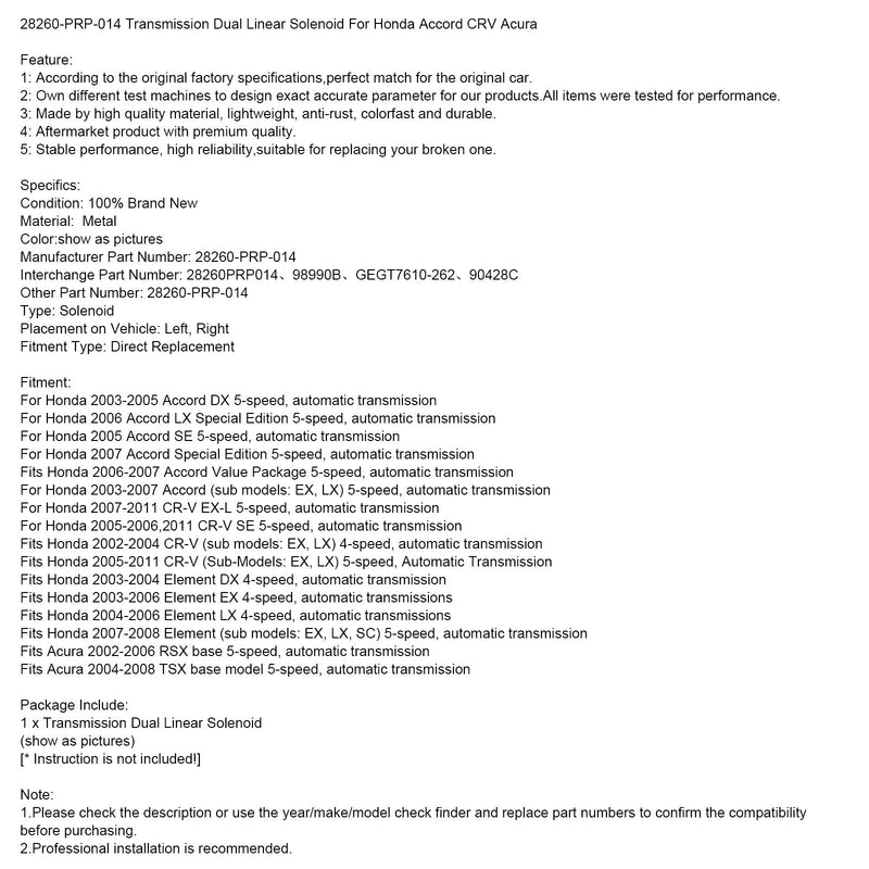 2004-2006 Honda Element LX 4-nopeuksinen vaihteisto kaksoislineaarinen solenoidi 28260-PRP-014