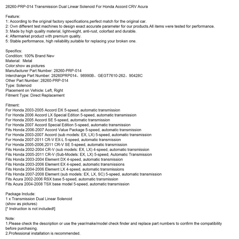 28260-PRP-014 Vaihteiston kaksoislineaarinen solenoidi Honda Accord CRV Acuralle