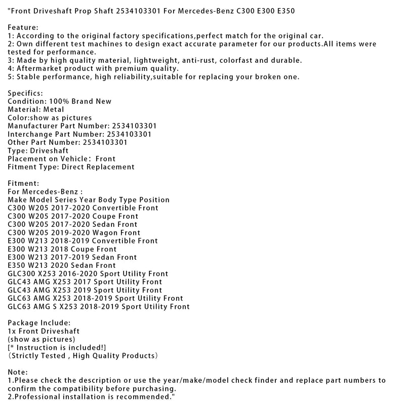 2017 Mercedes-Benz GLC43 AMG X253 Sport Utility Front Driveshaft Prop Shaft 2534103301