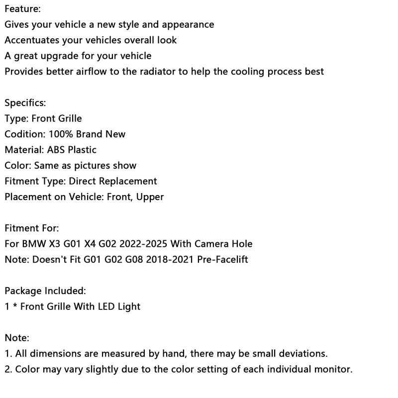 2022-2025 BMW X3 G01 X4 G02 Glans sort renal grill