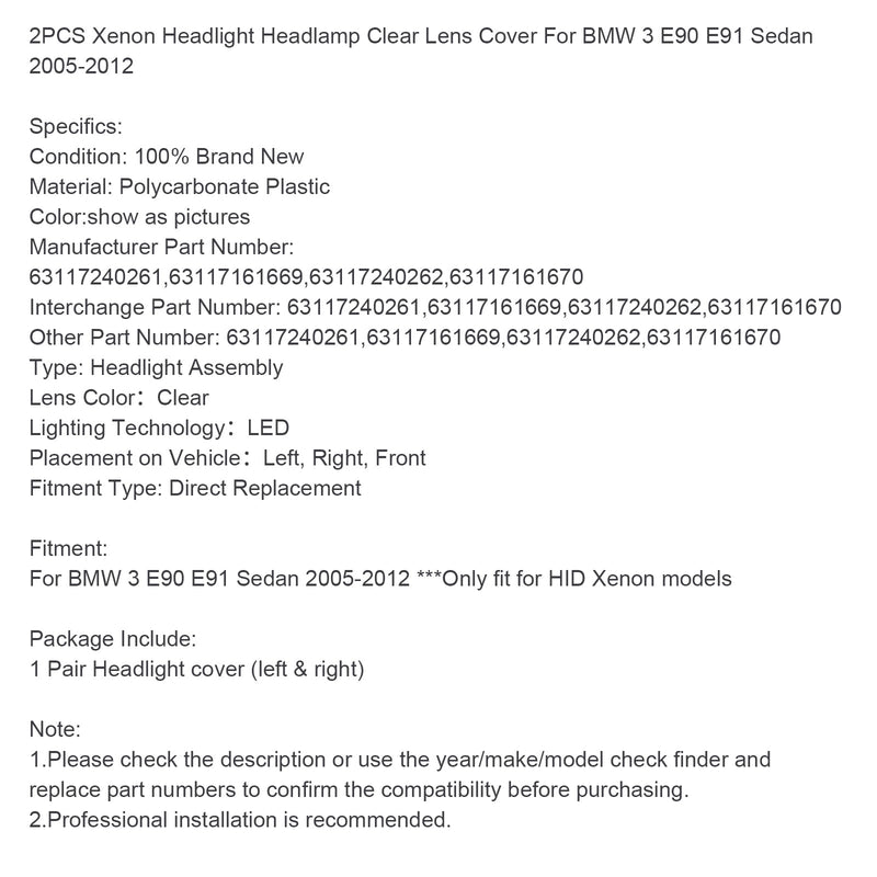 2005-2012 BMW 3 E90 E91 Limousine 2PCS Xenon Scheinwerfer Scheinwerfer Klare Linse Abdeckung