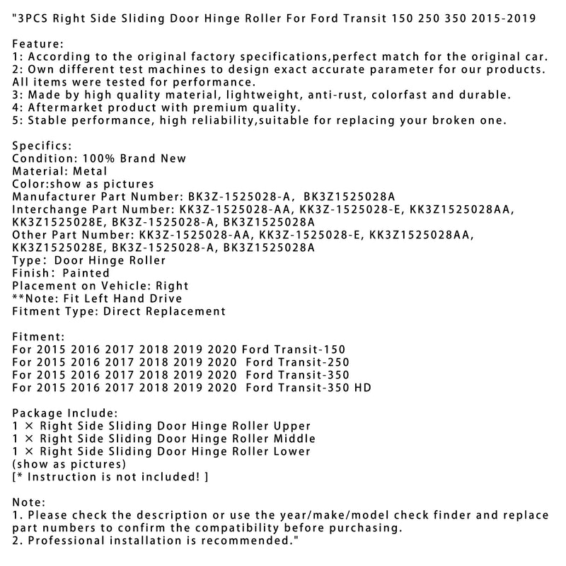 2015-2020 Ford Transit-350 3-delt høyre side skyvedørshengsel