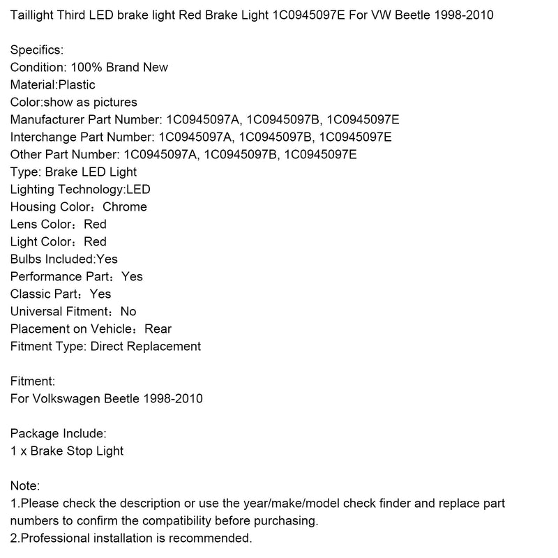Rücklicht Drittes LED-Bremslicht Rotes Bremslicht 1C0945097E Für VW Beetle 1998-2010