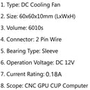 DC Brushless Cooling Fan 12V 0.18A 6010s 60x60x10mm 2 Pin CPU Computer Fan
