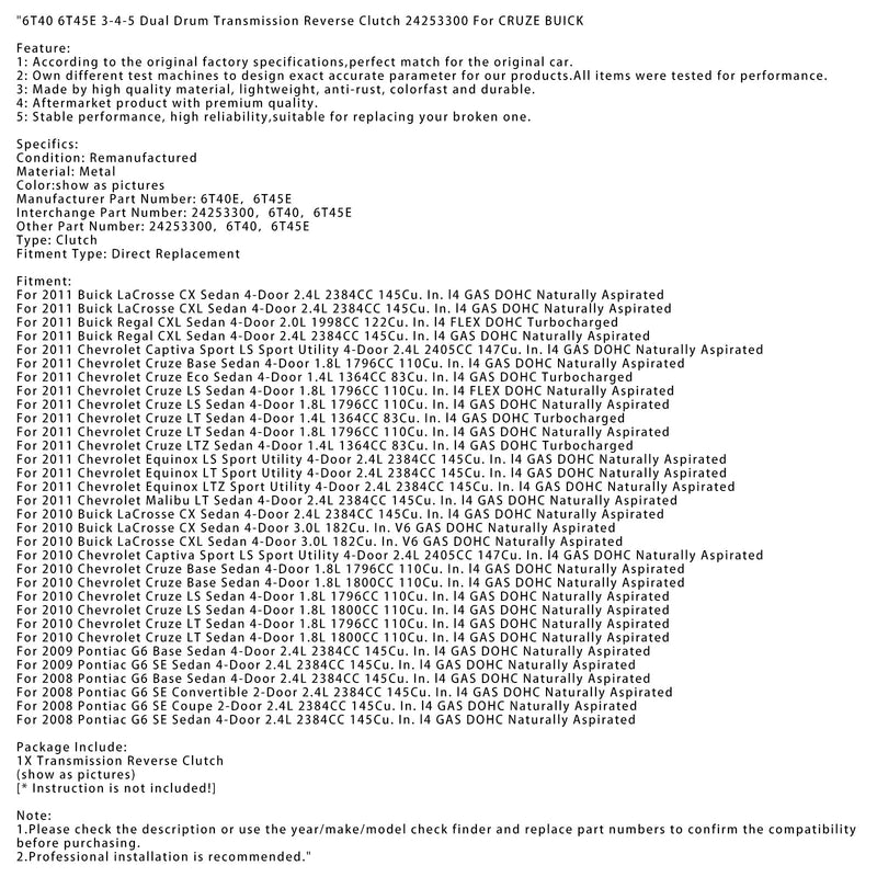 6T40 6T45E 3-4-5 Doppeltrommel-Getriebe-Rückwärtskupplung 24253300 für CRUZE BUICK