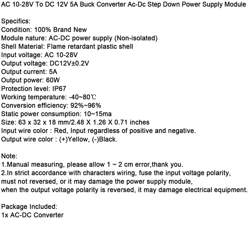 Convertidor de voltaje CA/CC, módulo regulador de voltaje, buck AC 10-28V a DC 12V 5A