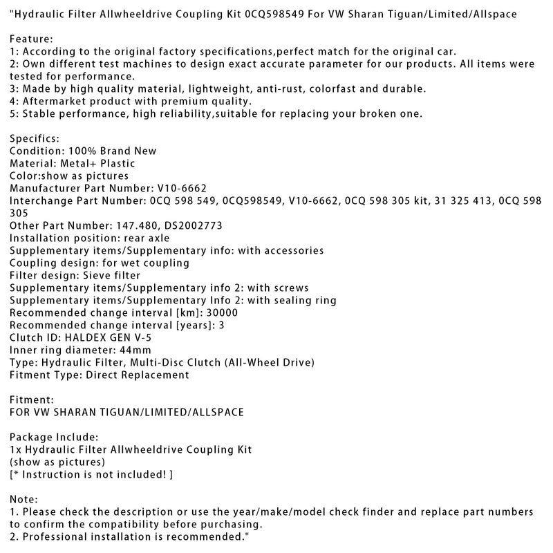 VW Sharan Tiguan/Limited/Allspace hydraulisuodatin nelipyöräinen kytkinsarja 0CQ598549