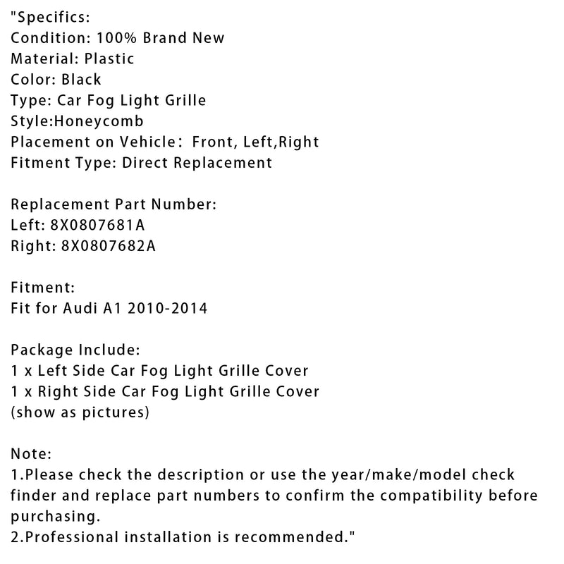 2010–2014 Audi A1 Frente -Piso Rod Honeycomb nevoeiro Cooler Grille Tampa preta