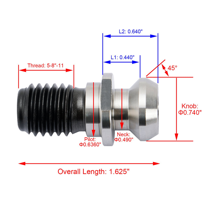 5 st CAT40 45° 0,740" Kylvätska Pull Stud Retention Knopp för Mazak Fadal Silver