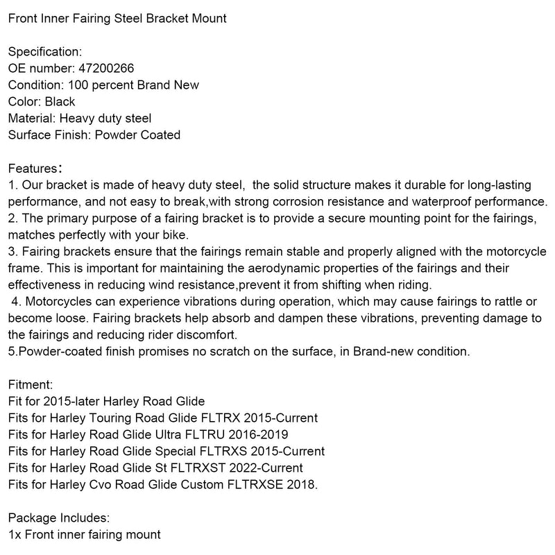 2022-nykyinen Harley Road Glide St FLTRXS etuosan sisäsuojuksen metallikiinnike 47200266