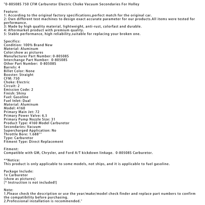 0-80508S 750 CFM forgasser elektrisk choke Vakuum sekundære deler
