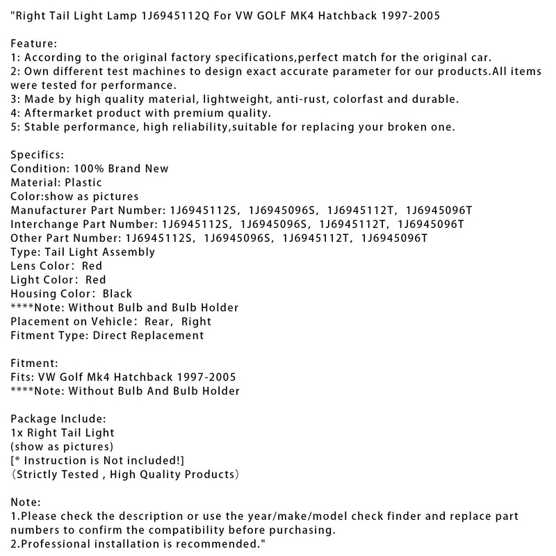 1997–2005 VW Golf MK4 Schrägheck, rechte Rückleuchte, Teilenummer 1J6945112S