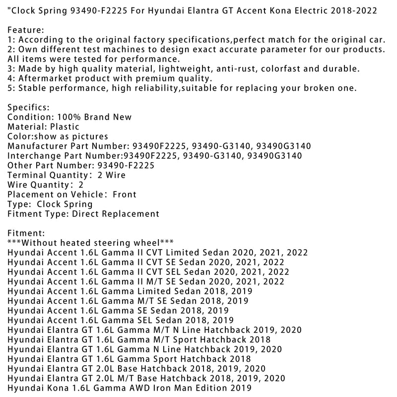 Wrinkle Spring 93490-F2225 Hyundai Elantra GT Accent Kona Electric 2018-2022