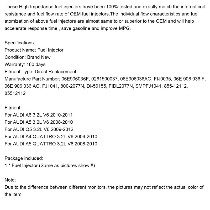 1 Uds inyector de combustible 06E906036F compatible con Audi Q5 A4 A5 A6 3.2L V6 2008-2011 0261500037