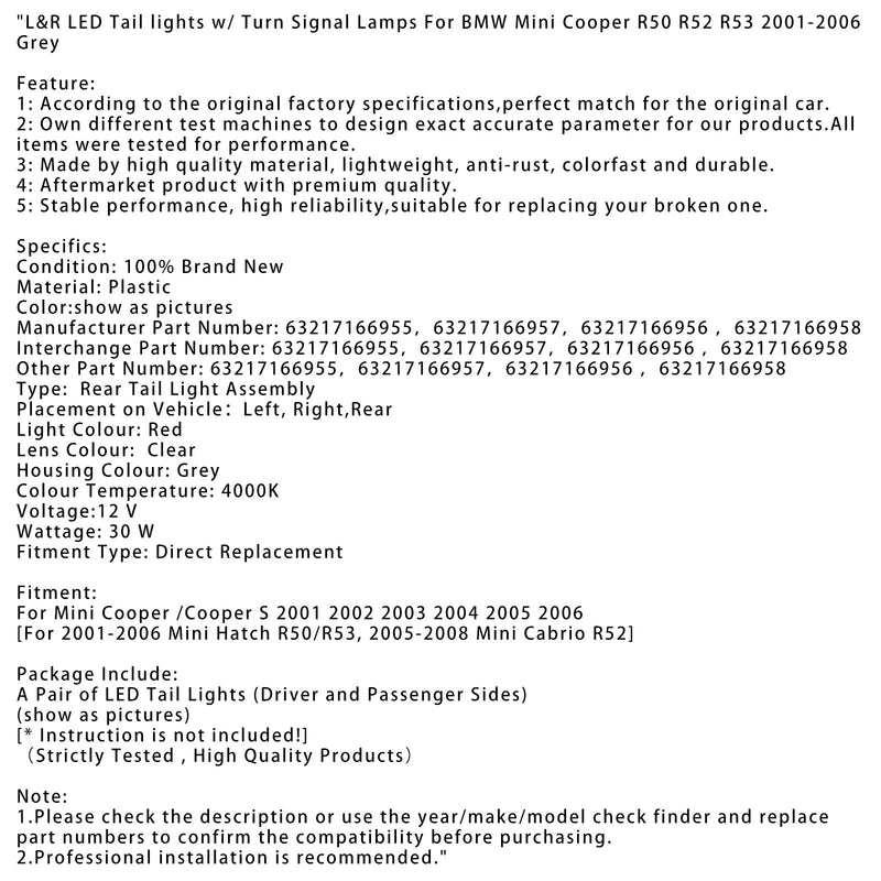 2001 2002 2003 2004 2005 2006 BMW Mini Cooper R50 R52 R53 L y R Luces traseras LED con señales de giro