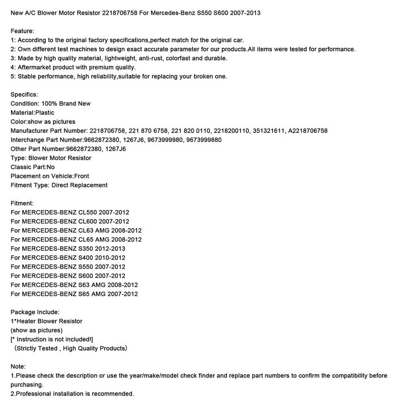 New A/C Blower Motor Resistor 2218706758 For Mercedes-Benz S550 S600 2007-2013
