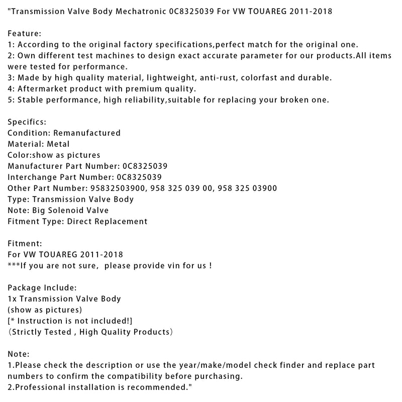 Übertragung Ventil Körper Mechatronische 0C8325039 Für VW TOUAREG 2011-2018