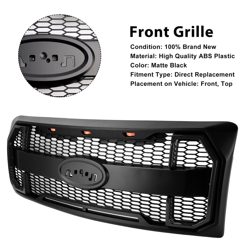 2009–2014 Ford F150 Matt Black Raptor Style Front -Floor Bar Grill Grill s LED