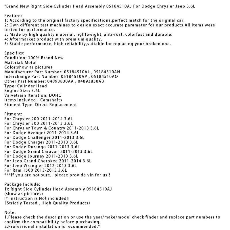 2013 Ram 1500 3.6L Neuer rechter Zylinderkopf 05184510AJ