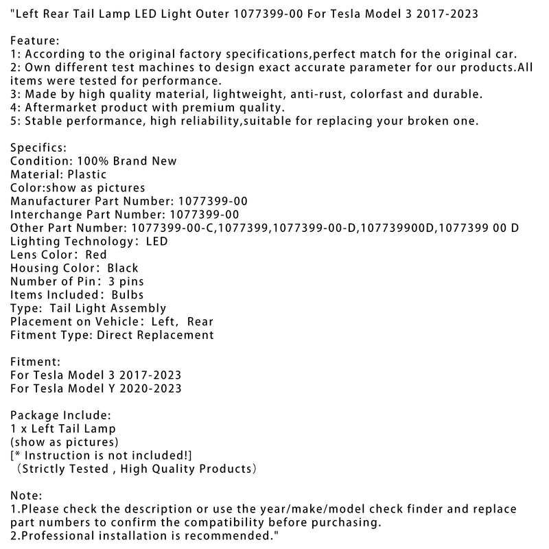 2017-2023 Tesla Model 3 Left Bakljus LED-ljus utanför 107739-00