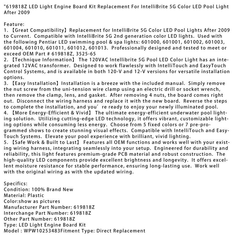 619818Z Kit de placa de mecanismo de luz LED para Intellibite 5G Color Led Pool Light Light