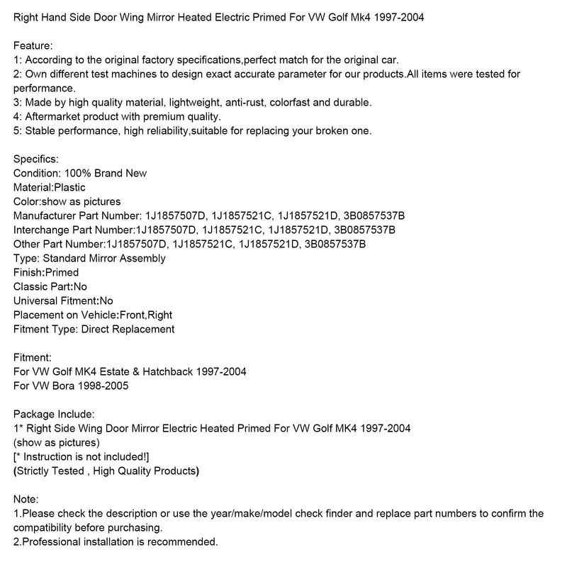 Rechte Seite Tür Außenspiegel Beheizt Elektrisch Grundiert Für VW Golf Mk4 97-04