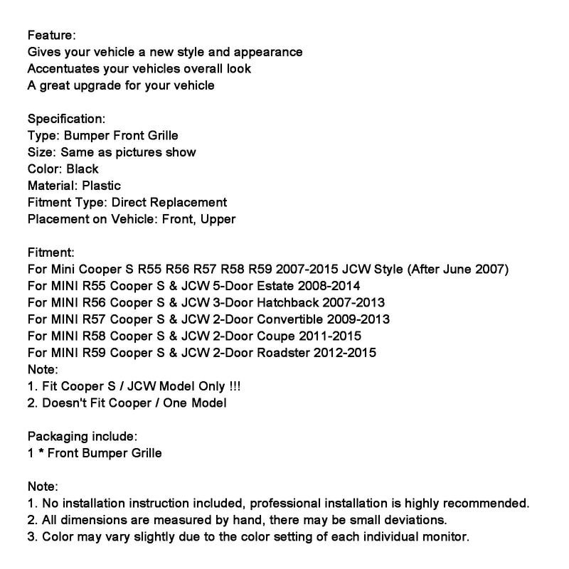 2007-2013 Mini R56 Cooper S & JCW 3-dörrars halvkombi blank svart främre stötfångargrill