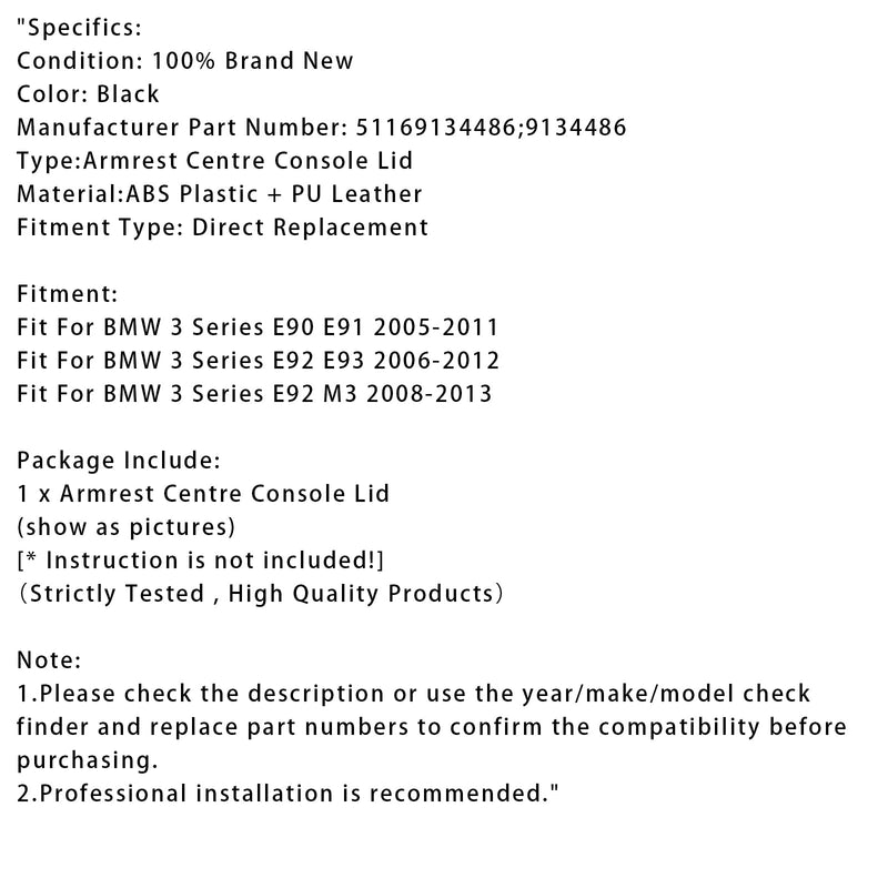 Schwarzer Leder-Armlehnen-Mittelkonsolendeckel für BMW E90 E91 E92 E93 51169134486
