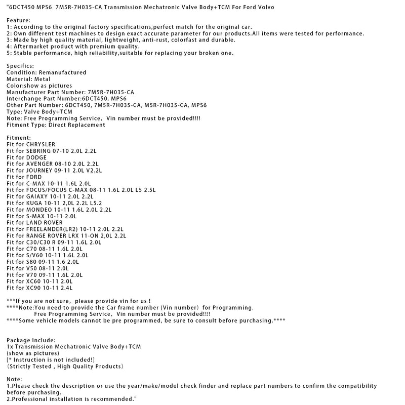 2008-2011 FORD FOCUS/FOCUS C-MAX 1,6 L 2,0 L L5 2,5 L 6DCT450 MPS6 7M5R-7H035-CA Getriebe Mechatronisches Ventilgehäuse + TCM