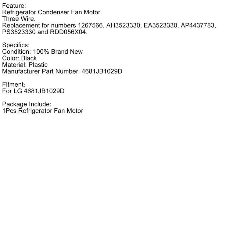 LG kylskåp kondensatorfläktmotorersättningstillbehör 4681JB1029D