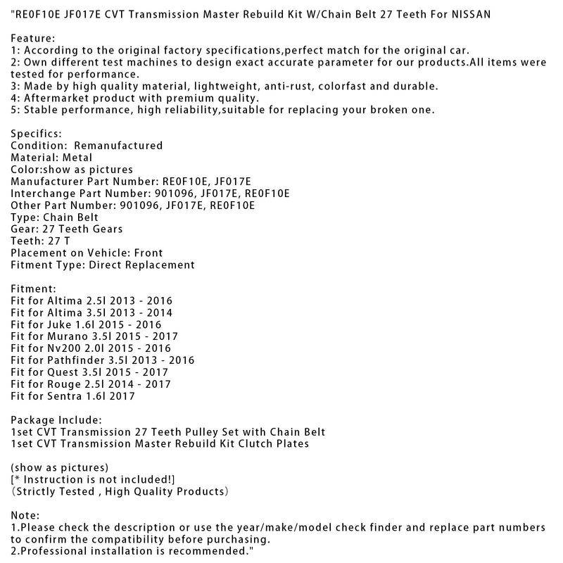 2015-2016 Juke 1.6l RE0F10E JF017E CVT-Getriebe-Reparatursatz mit Kette und Riemen 27 Zähne