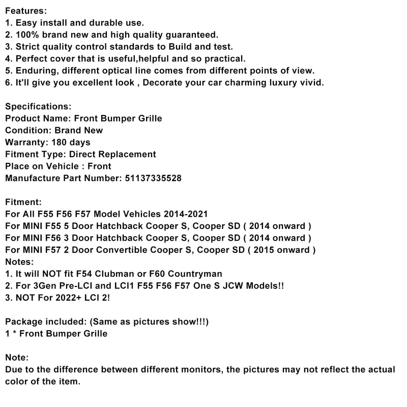 Vuodesta 2014 mini F55 5-ovinen SchraKheck Cooper S, Cooper SD Black Front Grill 5113735528