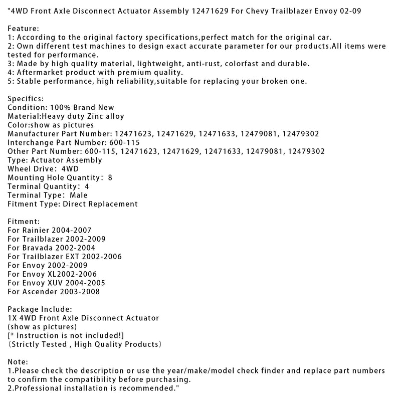 2002–2006 Trailblazer Ext 4WD framaxelavskiljare Montage 12471629