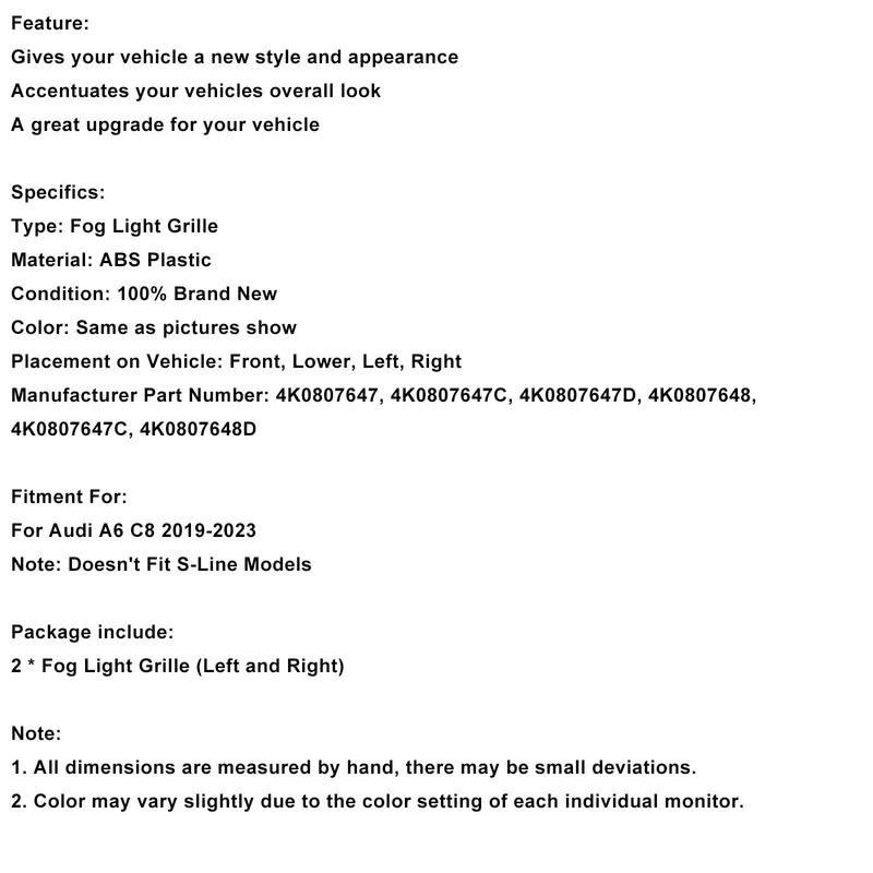 2PCS Frontstoßstange Grille Grill Nebelscheinwerfer Abdeckung Fit Audi A6 C8 2019-2023