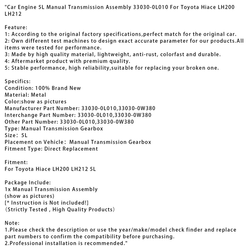 Auto Motor 5L Manuelle Übertragung Getriebe 33030-0L010 Für Hiace LH200 LH212