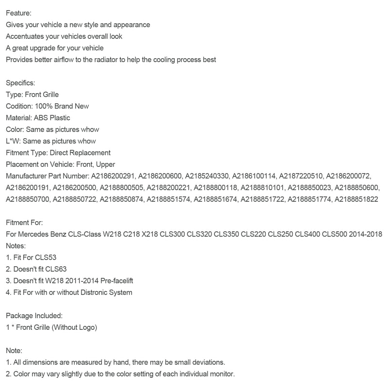 2015-2018 Mercedes Benz CLS-luokkaW218 CLS350 etupuskurin säleikkö