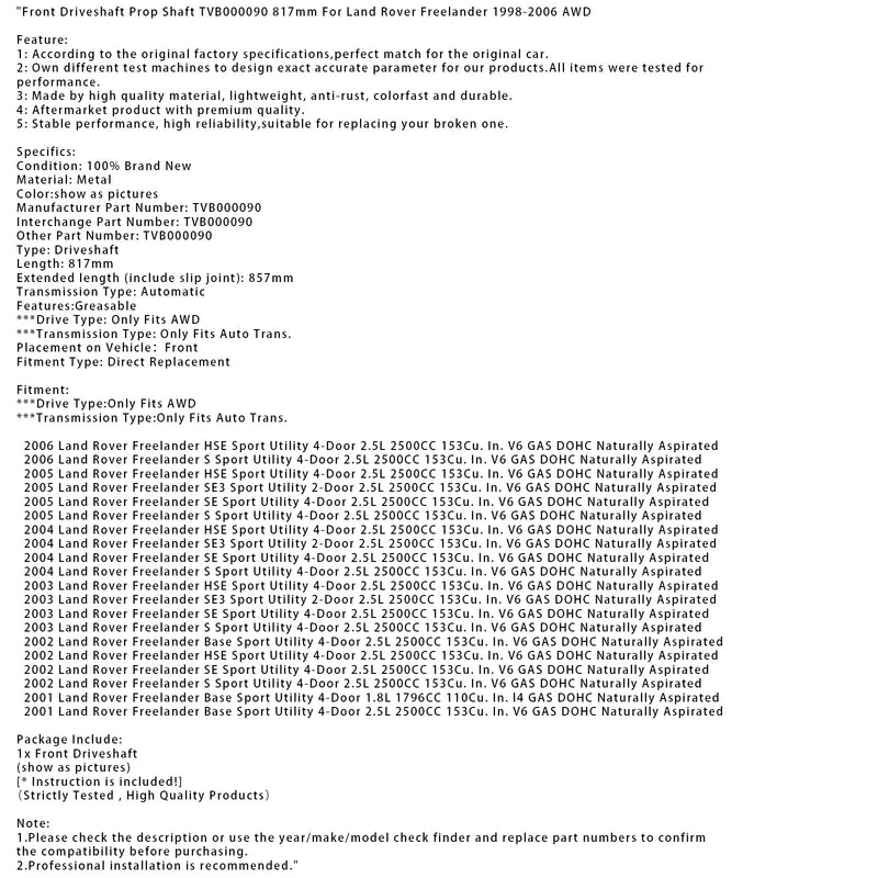 1998-2006 Land Rover Freelander AWD Front Driveshaft Prop Shaft TVB000090 817mm
