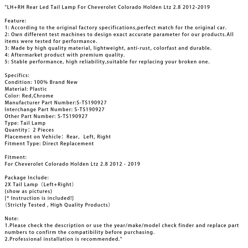 2012–2019 Chevrolet Colorado Holden Ltz 2.8 LH + RH hinten LED Rücklicht