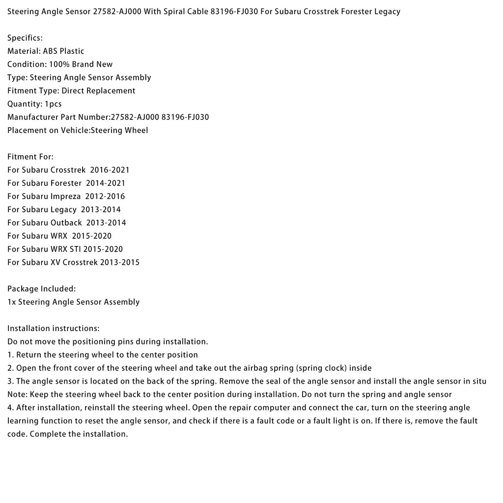 Styrevinkelsensor med spiralkabel for Subaru Forester (2014–2021) 83196-FJ030 27582-AJ000