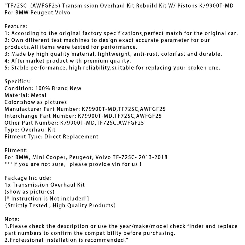 Überholungssatz für Getriebe von BMW, Mini Cooper, Peugeot und Volvo (2013–2018) inklusive Kolben (TF-72SC)