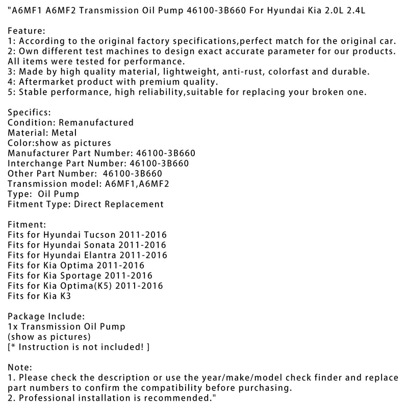 2011-2016 Kia Optima (K5) A6MF1 A6MF2 gearoliepumpe 46100-3B660