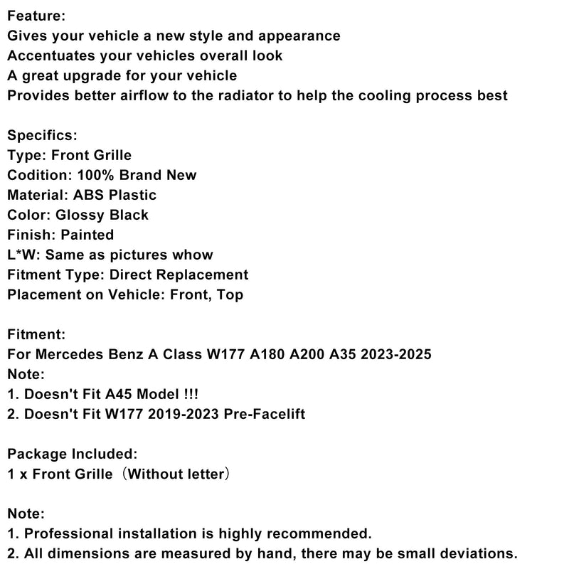 Mercedes třídy A 2023–2025 W177 Mřížka chladiče A35 A180 lesklá černá
