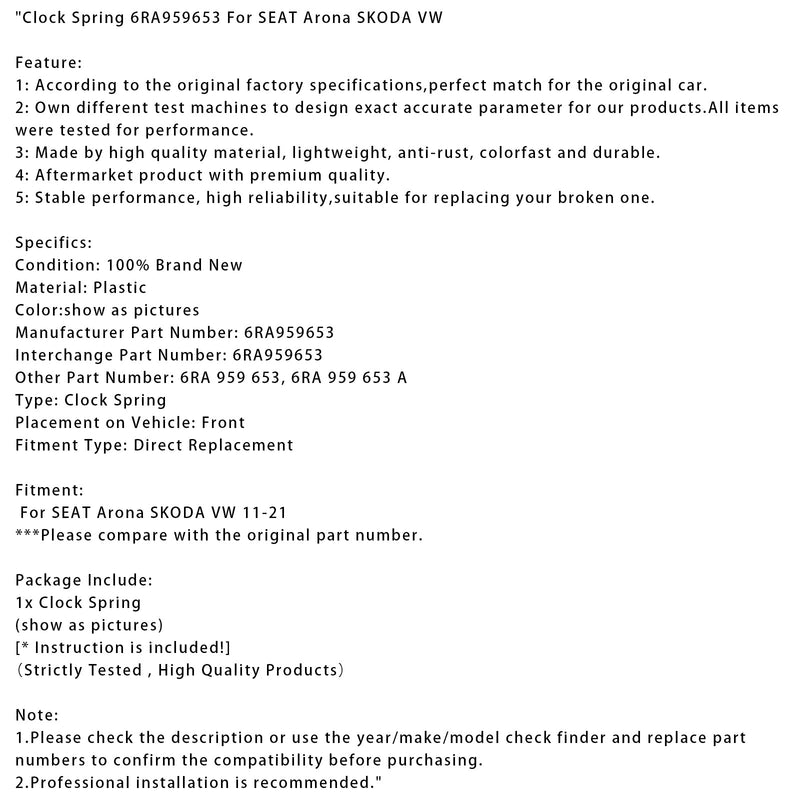 2011-2021 SEAT Arona SKODA VW Wickelfeder 6RA959653