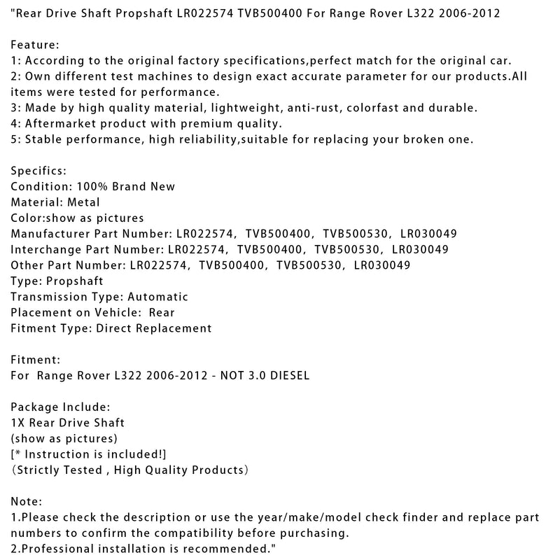 2006-2012 Range Rover L322 Rear Drive Shaft Propshaft LR022574 TVB500400