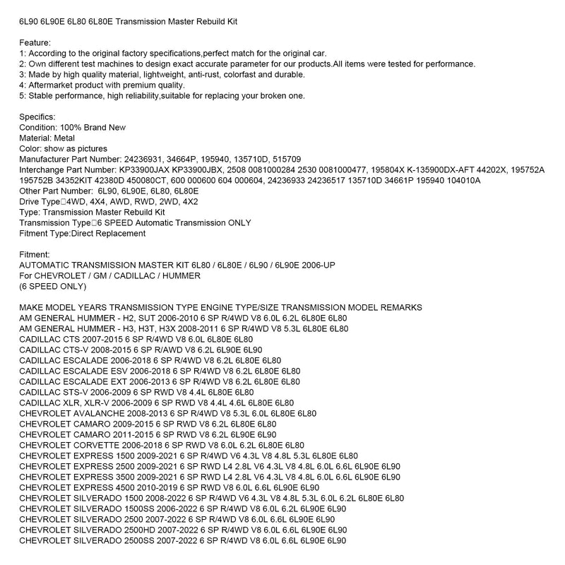 6L90 6L90E 6L80 6L80E Zestaw naprawczy skrzyni biegów 24236931 KP33900JAX