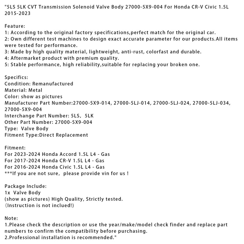 2016–2024 Honda Civic 1,5 l L4 – Gas 5LS 5LK CVT-Getriebe-Magnetventilgehäuse 27000-5X9-014 27000-5LJ-014