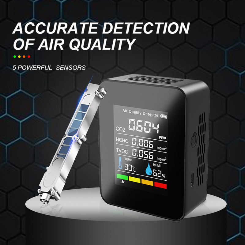 Detector de CO2 5 en 1, Monitor de calidad del aire, probador de humedad y temperatura Hcho Tvoc